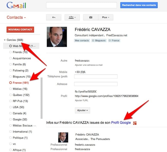Les profils de Google+ intégrés à l’application Contacts de Gmail