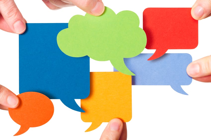 Six blank colourful speech bubbles