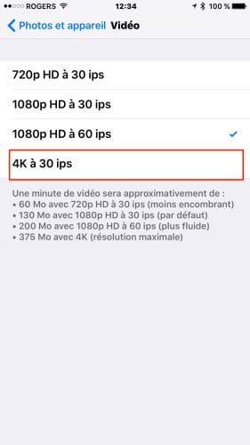 iPhone 6s mode vidéo 4k