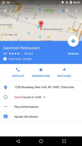 android google maps hors ligne lieux