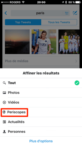 Twitter pour iOS filtrez les recherches Periscope