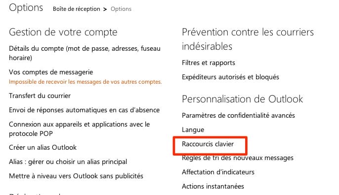 outlook raccourcis clavier