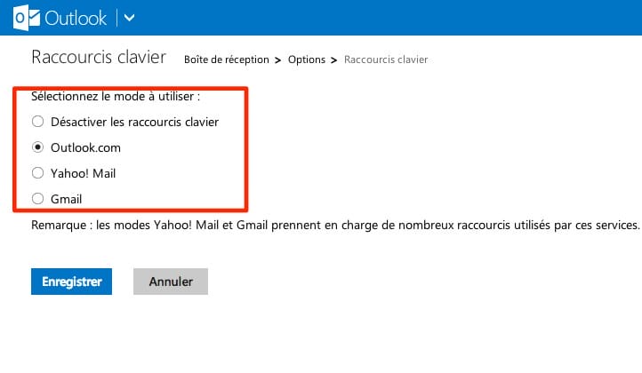 outlook raccourcis