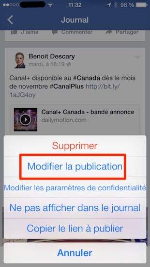 facebook ios modifier publication