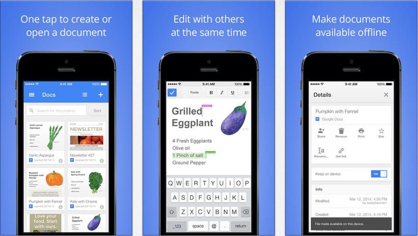 google documents feuille de calcul ios android