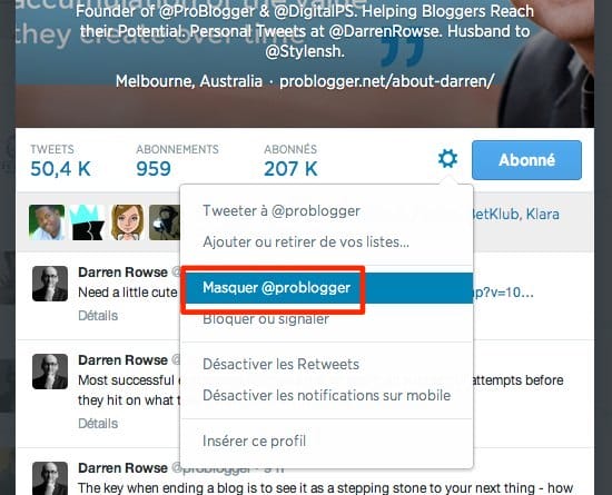 masquer un utilisateur twiter web