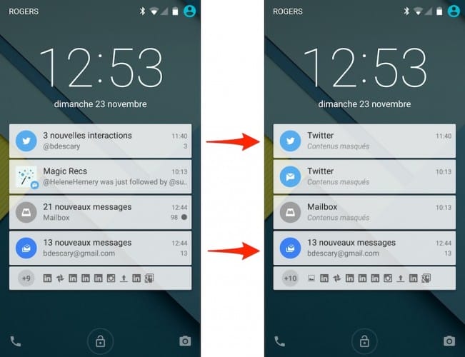 android 5 lollipop masquez le contenu des notifications