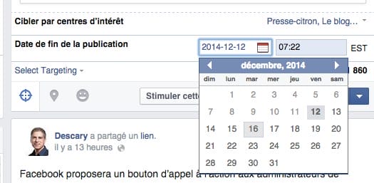 administrateur Page Facebook ciblage par intérêts et date de fin pour les publications