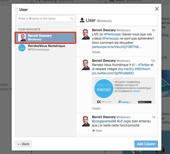 configurez votre colonne user sur tweetdeck