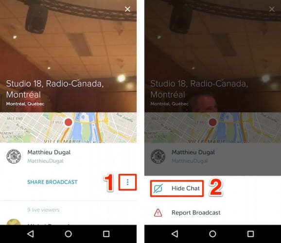 periscope comment masquer les commentaires android