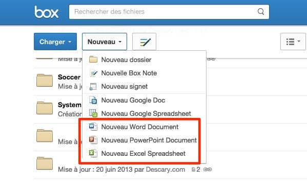 Box et la version web de microsoft Office