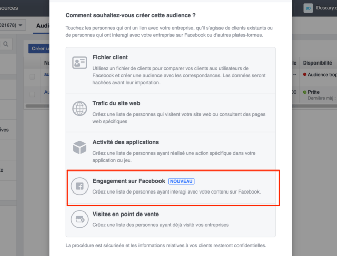 Facebook audience personnes interagi avec Page